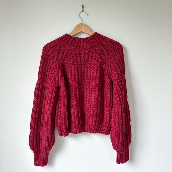 HYFVE Chunky-Knit Crew Neck Long Sleeve Cropped Pullover Sweater Red S - Picture 2 of 7